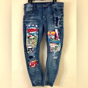 Rue21 Jeans Size W38 X L32 Blue Artsy Comic Patchwork Pop Art Streetwear Casual